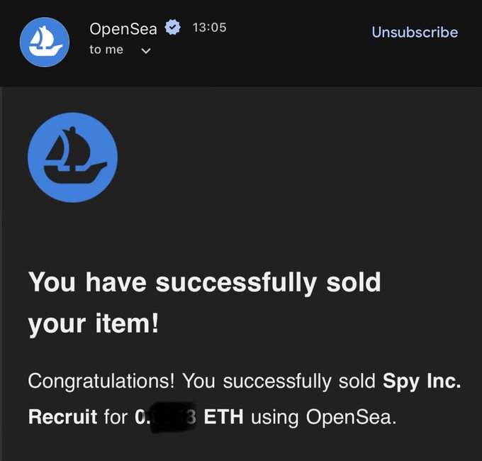 An OpenSea notification email confirms 'You have successfully sold your item!' for 'Spy Inc. Recruit' with a redacted ETH amount.