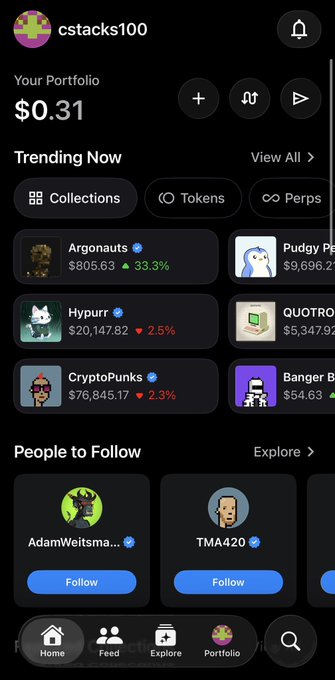 A screenshot of a cryptocurrency portfolio app showing a balance of $0.31, with trending tokens including Argonauts, Pudgy Penguins, Hypurr, QUOTRO, CryptoPunks, and Banger Bets.