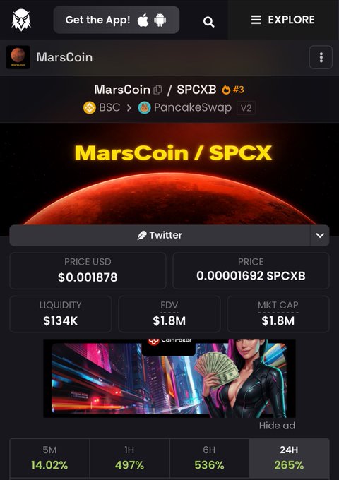 A CoinGecko page displays MarsCoin (SPCXB) trading at $0.001878 on PancakeSwap (BSC) with a market cap of $1.8M and notable 24-hour gains of 265%, aligning with the post's emphasis on hype-driven meme ticker momentum.
