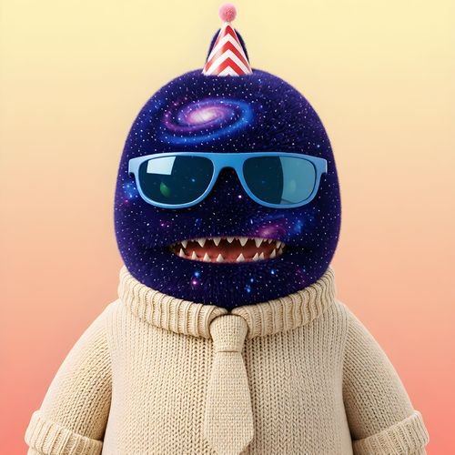 A cute 3D-rendered character with a galaxy/space-themed head wearing blue sunglasses, a party hat, and a cream-colored sweater against a gradient background.