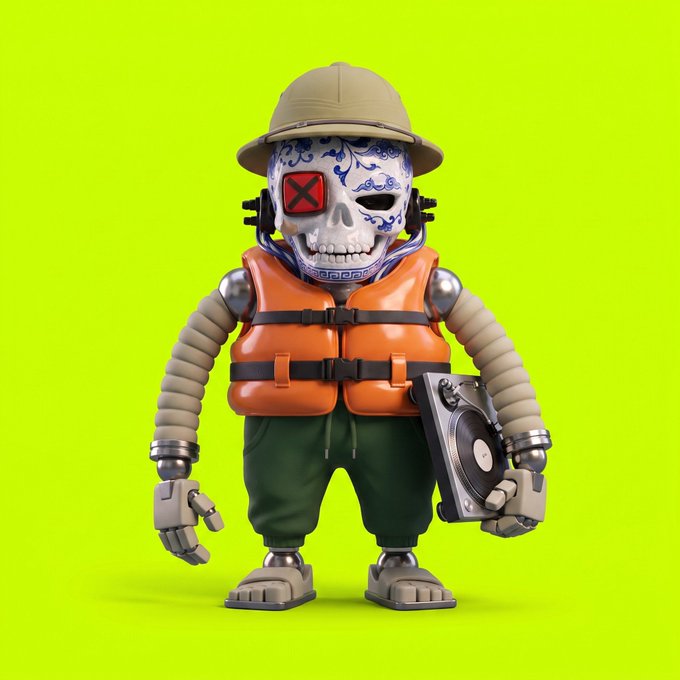 A 3D rendered character with a decorated skull mask featuring a red 'X' eye, wearing a tan cap, orange life vest, and green pants, holding a vinyl record player against a bright yellow-green background.