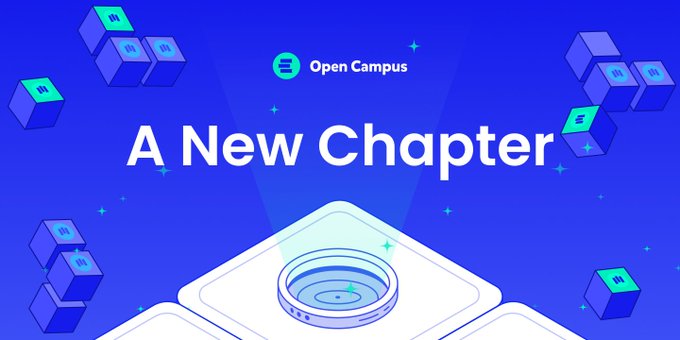 A promotional banner for 'Open Campus' featuring the text 'A New Chapter' against a purple background with 3D block graphics and a glowing circular platform.