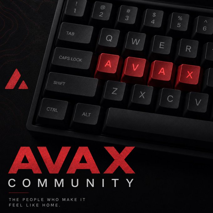 A promotional graphic shows a black keyboard with red 'AVAX' keys, featuring the Avalanche logo and text reading 'AVAX COMMUNITY - THE PEOPLE WHO MAKE IT FEEL LIKE HOME.'