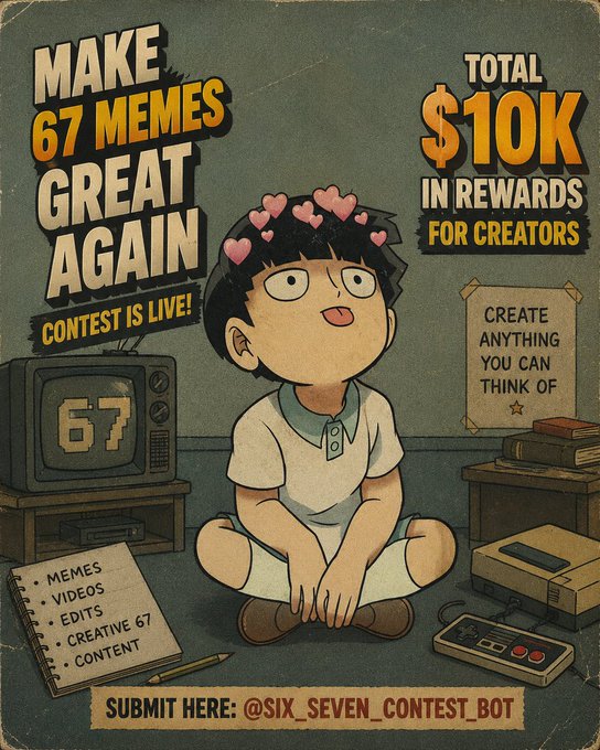 A retro-style meme contest poster featuring a cartoon boy with heart-eyes reading 'MAKE 67 MEMES GREAT AGAIN' and advertising 'TOTAL $10K IN REWARDS FOR CREATORS' with submissions via @SIX_SEVEN_CONTEST_BOT.