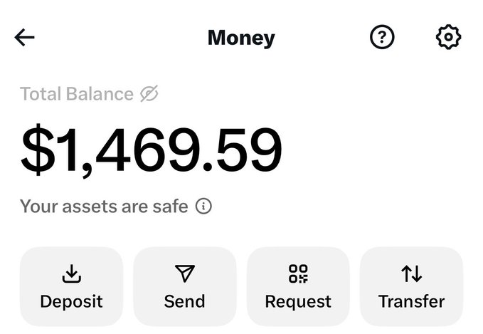 A screenshot of the X Money app interface displays a Total Balance of $1,469.59 alongside Deposit, Send, Request, and Transfer options, supporting the post's claim of being an early X Money pioneer receiving tip payments through the platform.
