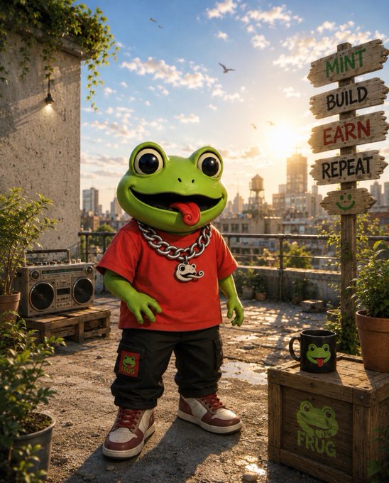 A cartoon frog mascot in a red "FRUG" t-shirt and silver chain stands on a rooftop alongside a wooden signpost reading "MINT, BUILD, EARN, REPEAT," perfectly embodying the "Happy Mutant Monday" web3 vibe with the "FRUG" branding visible on a crate and mug nearby.