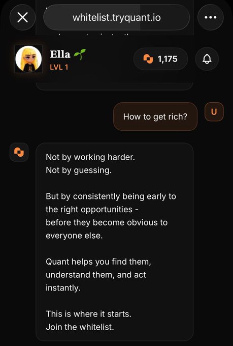 The image displays a screenshot from an app called @tryquantio, where someone has sent a message to their trading account, instructing them to "buy Solana." The conversation also includes information about a chat bot named @ quant AI that can provide trade suggestions and answers questions about trading strategies.