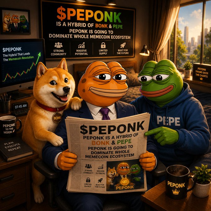 Three cartoon characters—a Shiba Inu dog, an orange frog in a suit, and a green Pepe frog—pose together as the suited frog reads a newspaper headlined "$PEPONK: PEPONK IS A HYBRID OF BONK & PEPE," with a monitor and poster behind them declaring "$PEPONK IS A HYBRID OF BONK & PEPE" and "PEPONK IS GOING TO DOMINATE WHOLE MEMECOIN ECOSYSTEM." The image directly promotes the $PEPONK memecoin featured in the giveaway post, visually representing its branding message of merging Bonk and Pepe communities with strong community, massive potential, and limited supply.