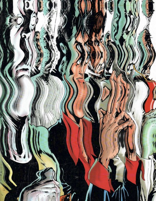 A distorted, surreal artwork featuring a figure in red and black clothing with raised hands, surrounded by wavy, mirror-like reflections in green, black, white, and red tones.