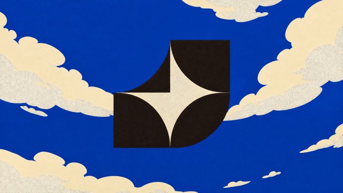Digital artwork showing a black square containing a white four-pointed star logo, set against a blue sky with stylized clouds.