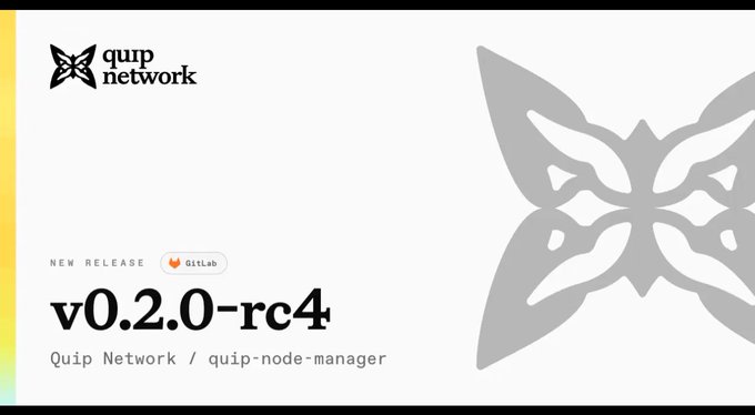 The image shows a white banner with a butterfly graphic, which appears to be related to the Quip Network or Quip-node manager release. The text below the image reads "Infrastructure updates don't always get the attention they deserve, but they're often where the real progress happens". This suggests that the focus of the post is on the importance and impact of infrastructure updates in the context of the Quip network or node manager release.