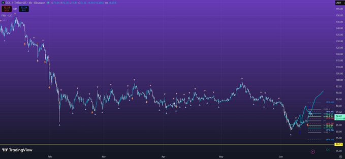The image shows a purple line graph with dots representing stock prices, indicating a downward trend. The graph spans across several months, showing that the stock price has been consistently decreasing over time. The caption below the graph reads "Expecting $SOL to bounce from here." This suggests that the stock price is expected to continue falling and possibly bounce back in the near future.
