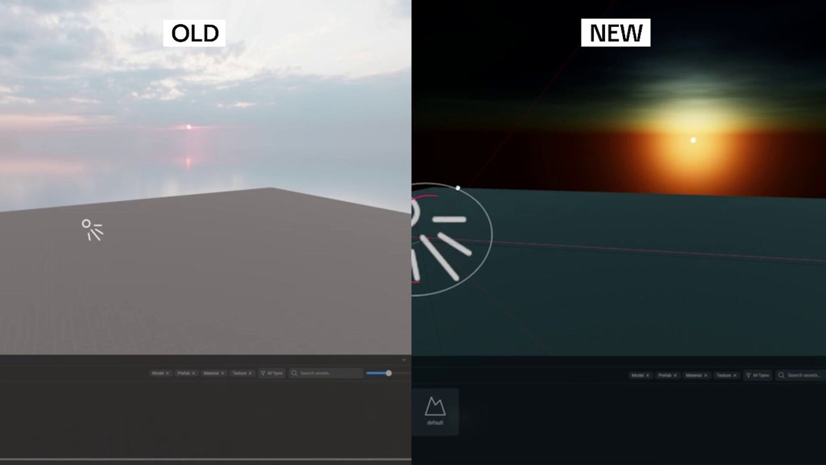 The image shows two different versions of a video game scene, both featuring the same sunset as their background. The first version has a flat sky with no clouds or any other elements, while the second version includes clouds and a sun that appears to be setting over the horizon. The caption below the images indicates that the new version of the game is more visually appealing due to improved lighting capture and real-time tone mapping.