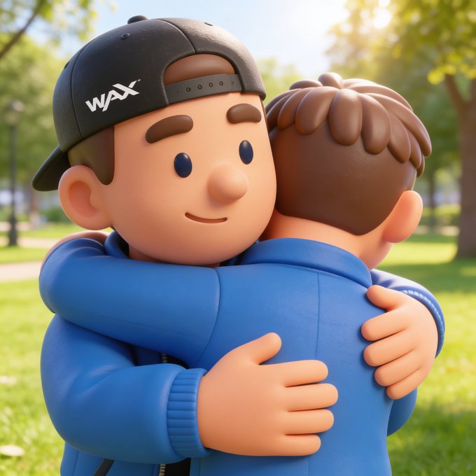 Two cartoon friends in matching blue jackets share a warm hug in a sunny park, with one wearing a black cap bearing the "WAX" logo. The image captures the heartfelt bond of the WAX community, symbolizing friendship and unity across the globe on International Friendship Day.