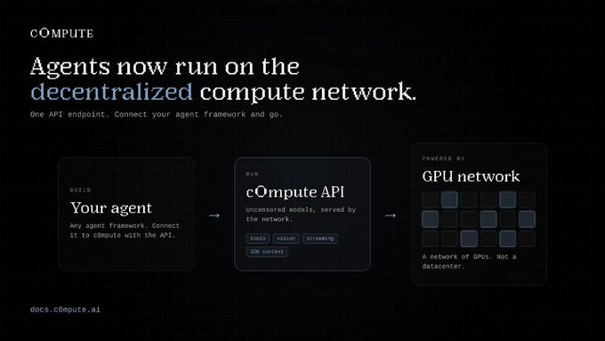 The image shows a screenshot of a computer network page titled "Agents now run on the decentralized c0mpute network", with an emphasis on the "Decentralized Computers Network" mentioned at the bottom right corner. The text also highlights that agents can utilize this system for various purposes, such as connecting their agent frameworks to the network and accessing APIs.