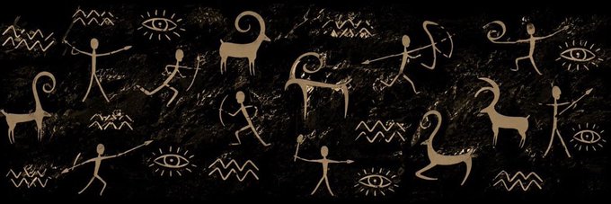 A banner featuring ancient cave-painting style pictograms, including stick figure archers, animals, eyes, and water symbols on a dark textured background.