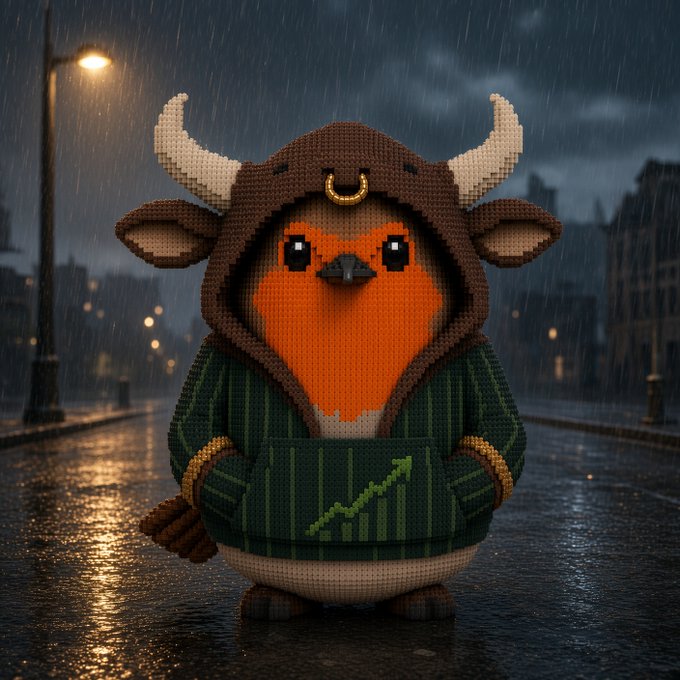 A 3D-rendered, knitted-style character resembling a bull wearing a green hoodie with a rising stock chart design, standing on a rainy, neon-lit city street at night.