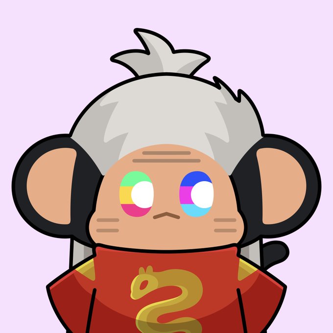 A cartoon monkey character with colorful mismatched eyes and gray hair wears a red shirt featuring a golden snake emblem, serving as the mascot for the "Chimpers" NFT collection mentioned in the post. The chimp's quirky, wide-eyed expression and stylized design align with the playful branding of the limited-edition 5,555 NFT project described.
