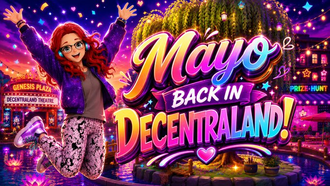 A colorful promotional graphic features a joyful red-haired animated character with the text 'MAYO IS BACK IN DECENTRALAND!', set against a vibrant background including 'GENESIS PLAZA DECENTRALAND THEATRE' and 'PRIZE HUNT'.