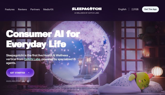 A promotional website for "Sleepagotchi - AI Wellness by Gotchi Labs" displays the headline "Consumer AI for Everyday Life," describing it as "the first live Health & Wellness vertical from Gotchi Labs, powered by specialized AI agents," with a purple "GET STARTED" button. The site features a dreamy bedroom scene with a green Sleepagotchi plush toy on a pillow beneath a circular window, which serves as the main landing page for the AI wellness platform being cautiously evaluated in the accompanying post about its upcoming TGE.