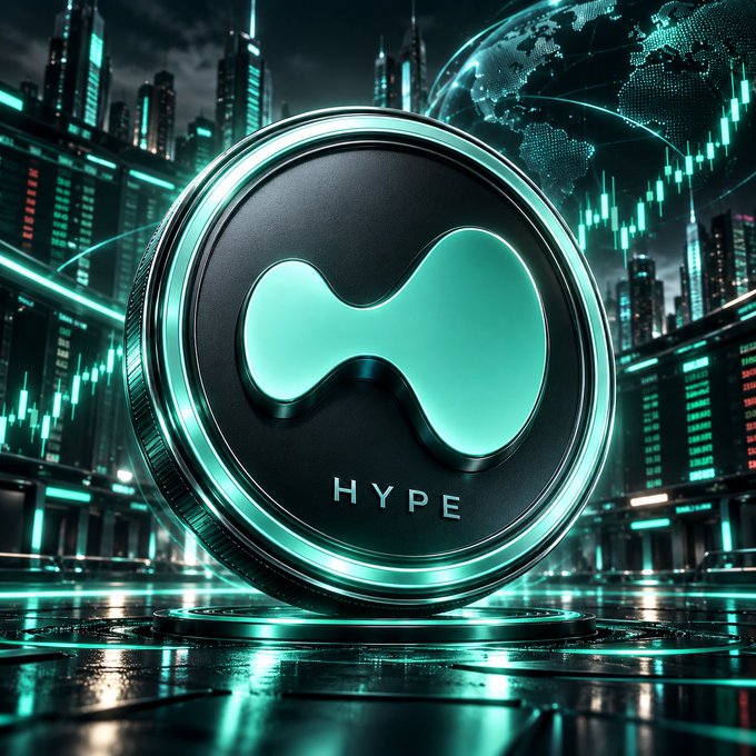 A digital render of a large dark coin with a glowing cyan infinity-style symbol and the word 'HYPE' on it, set against a backdrop of a cyberpunk-style cityscape with stock charts and a digital globe.