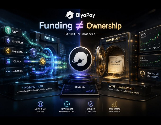 A BiyaPay infographic titled 'Funding ≠ Ownership - Structure matters' contrasting 'PAYMENT RAIL' (USDT, Ethereum, BNB Chain, Solana) with 'ASSET OWNERSHIP' featuring U.S. Equity (AAPL, MSFT).