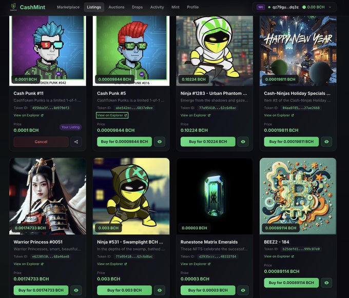 CashMint NFT marketplace interface displaying collectibles like Cash Punk #11, Cash Punk #5, Ninja #1283, Cash-Ninja Holiday Specials, Warrior Princess #0051, and BEE22, with prices listed in BCH.