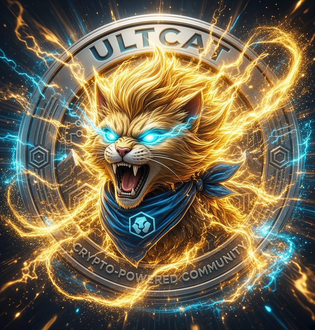 A fierce, roaring cat with glowing blue eyes and electrified golden fur snarls aggressively, surrounded by crackling energy arcs within a circular emblem reading "ULTCAT" at the top and "CRYPTO-POWERED COMMUNITY" at the bottom. The dynamic, high-voltage illustration embodies the wild, untamed energy of the $ULTCAT crypto brand.