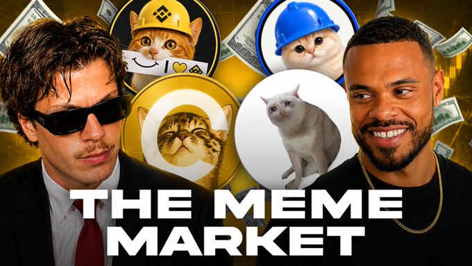 The image is a promotional graphic for "THE MEME MARKET" featuring two men in sunglasses, cat mascots wearing hard hats, and a Sphinx cat, set against a backdrop of flying money, advertising a giveaway of $100 in meme cat tokens like $CATE, $CASHCAT, $BASECAT, or $BNBCAT.