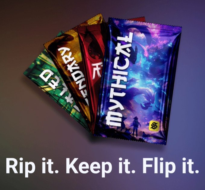 An advertisement for trading card game packs featuring the bold slogan 'Rip it. Keep it. Flip it.' alongside a fanned display of colorful booster packs labeled 'MYTHICK!', 'LAKINES', and others.