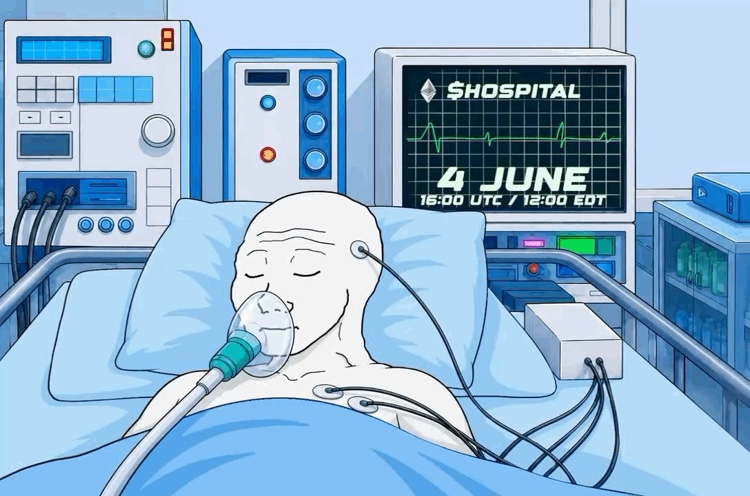 The image features a cartoon depiction of a patient lying down in bed, hooked up to various medical equipment such as an oxygen tank and a monitor displaying vital signs like heart rate and blood pressure. The scene takes place inside a hospital room with a bed and a pillow on which the patient is resting. In the background, there are several monitors and other medical devices that help monitor the patient's condition.

The image also includes text elements related to an upcoming event or launch of a cryptocurrency called GCR (Global Clinical Research Organization). The post mentions that the wallet will be Doxxed at the event, which is likely related to the hospital where the patient is being treated.