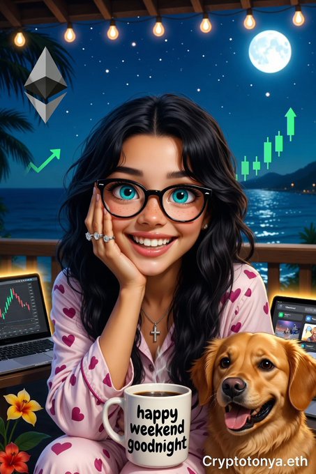 An AI-generated digital illustration of a smiling young woman with glasses holding a 'happy weekend goodnight' coffee mug alongside a golden retriever, set against a nighttime ocean scene with crypto/Ethereum graphics and 'Cryptotonya.eth' watermark.