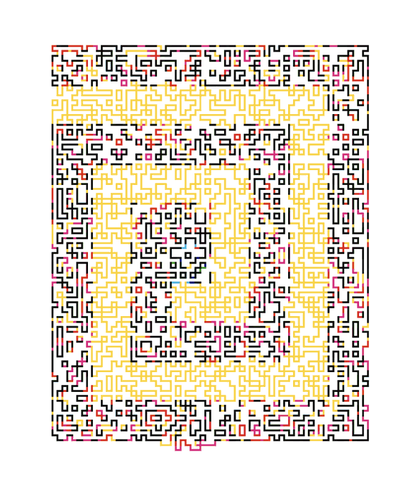 An abstract digital maze-like pattern in black, yellow, and pink/red lines resembling a QR code or circuit design.