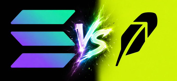 A vibrant 'VS' graphic depicting a competition between the Solana logo on a black background and a feather quill logo on a yellow background, separated by a lightning bolt effect.