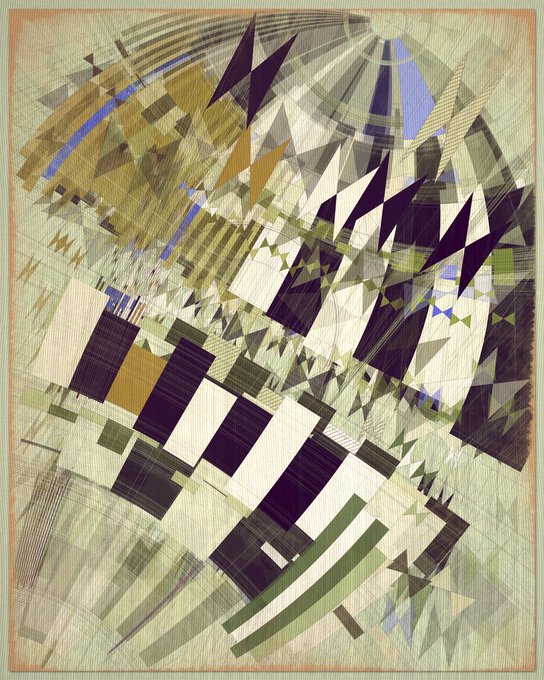 An abstract geometric artwork features a dynamic composition of overlapping triangles, rectangles, and grid patterns in muted tones of green, blue, black, and beige.