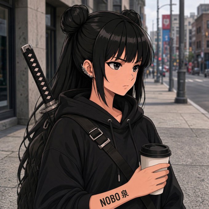 An anime-style illustration of a young woman with long black hair in twin buns, wearing a black hoodie, carrying a katana on her back, and holding a coffee cup; 'NOBO 泉' is visible as text.