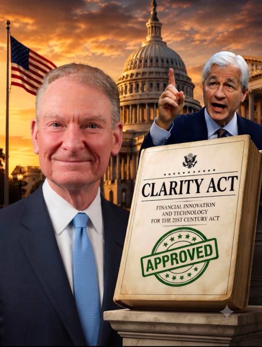 The image features two men in suits posing with a large book labeled "CLARITY ACT - Financial Innovation and Technology for the 21st Century Act" bearing an "APPROVED" stamp, set against a backdrop of the U.S. Capitol building and American flag at sunset. The graphic visually reinforces the post's message about legislative pressure on Congress to pass the CLARITY Act, with the SEC signaling it will independently write crypto rules if lawmakers stall.