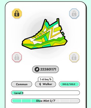 The image features a shoe with a green, white, and yellow color scheme displayed prominently against a light blue background. The shoe appears to be a sneaker or athletic shoe, possibly designed for walking or running activities. There are also two locks visible in the image, one located on top of the shoe and another further away from it.