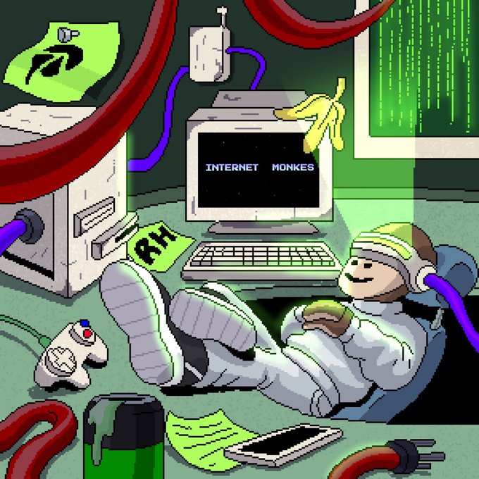 A pixel-art style illustration shows a relaxed figure wearing a VR headset and holding a game controller, reclining in front of a retro computer displaying 'INTERNET MONKES' on its screen, surrounded by cables, a banana peel, and a gamepad.