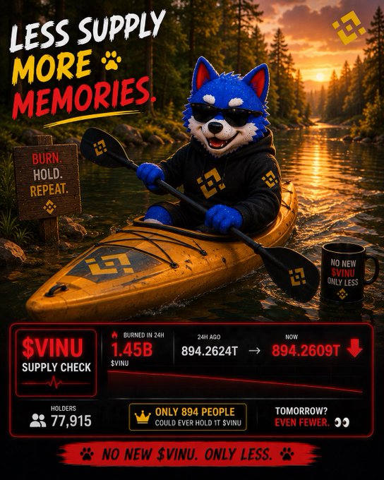 Cryptocurrency promotional graphic for $VINU showing a Shiba Inu mascot kayaking with the text 'LESS SUPPLY MORE MEMORIES' and supply check details showing 1.45B burned in 24 hours with 77,915 holders.