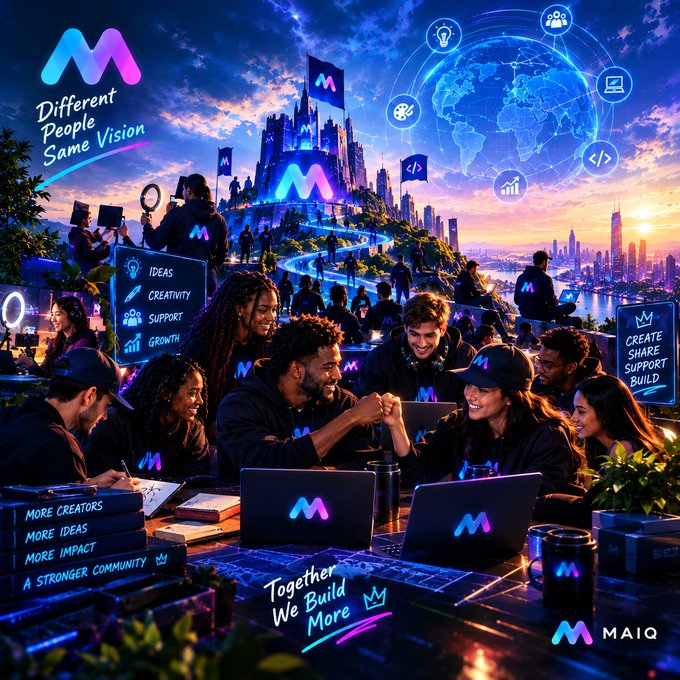 A vibrant promotional graphic for 'MAIQ' featuring the logo 'M' and slogans like 'Different People Same Vision,' 'Together We Build More,' and 'MORE CREATORS MORE IDEAS MORE IMPACT,' depicting a diverse group of people collaborating around laptops.