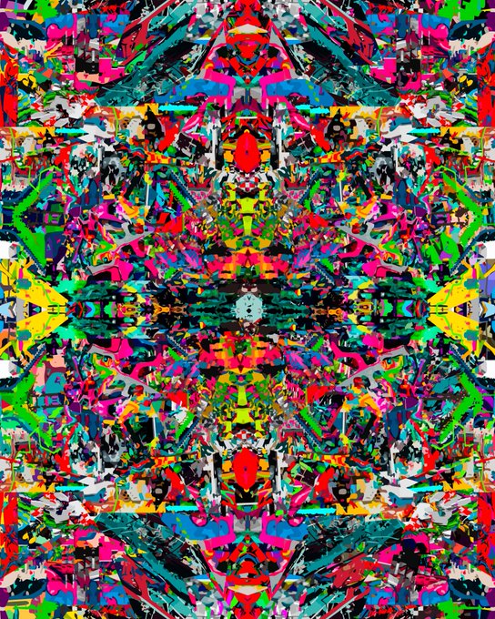 A vibrant, chaotic digital artwork featuring a symmetrical kaleidoscope of neon colors, fragmented shapes, and abstract patterns in pink, green, yellow, blue, and red.