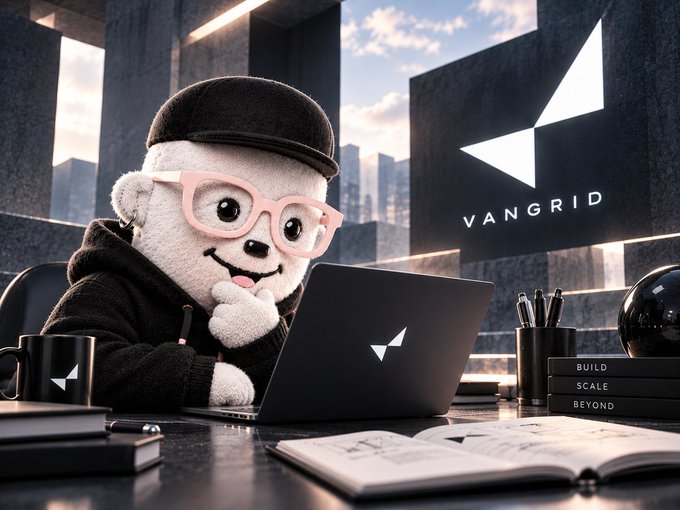 A white plush animal mascot wearing pink glasses and a black cap sits at a desk using a VANGRID laptop; VANGRID branding appears on the laptop, mug, and wall sign, with books labeled “BUILD,” “SCALE,” and “BEYOND.”