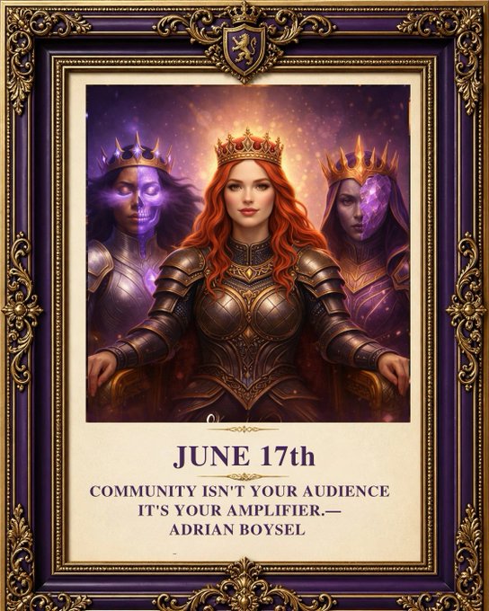 The image features a poster with three women depicted wearing armor and crowns. The poster has purple and gold colors, giving it an artistic and visually appealing look. Below the poster, there is text that reads "June 17th Community isn't your audience. It's your amplifier - Adrian Boysel". This message encourages people to focus on their community rather than just being a passive observer or participant in online discussions. The poster serves as a reminder for individuals to actively engage with others and contribute positively to the online community, amplifying voices and ideas.