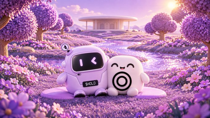 Two cute white characters—one a robot with "HOLD" labeled and a "W" antenna, the other a smiling figure with a target emblem—sit together in a dreamy lavender field, visually representing the partnership between HoldStation and World (Worldcoin). The "HOLD" branding ties the robot to HoldStation, while the shared whimsical setting symbolizes a unified "World Family" promoting their Scan to Pay integration via world.org.