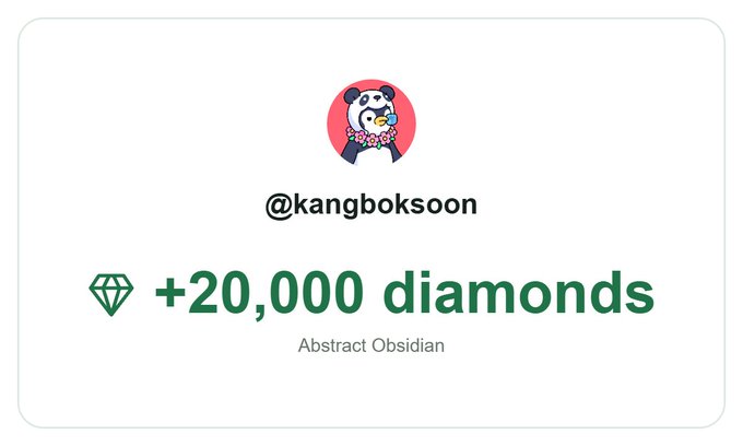 A digital rewards notification showing '+20,000 diamonds' awarded to user '@kangboksoon' from Abstract Obsidian, featuring a panda logo.