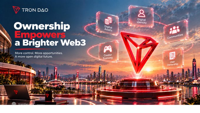 A promotional graphic for TRON DAO with the headline 'Ownership Empowers a Brighter Web3' and tagline 'More control. More opportunities. A more open digital future,' displaying icons for Digital Assets, Digital Identity, Communities, Creator Economy, and User Ownership.