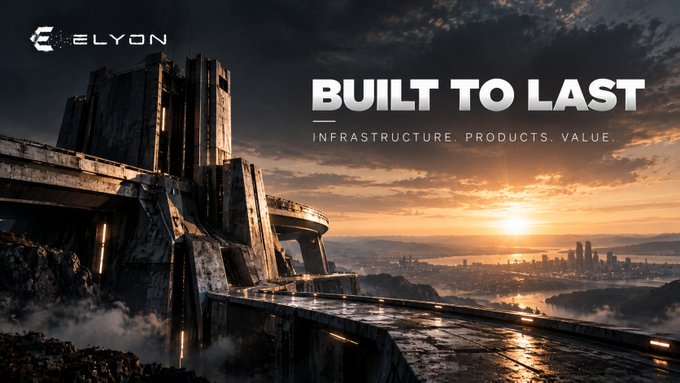 A promotional graphic features 'C ELYON' and the slogan 'BUILT TO LAST' and 'INFRASTRUCTURE. PRODUCTS. VALUE.' over a futuristic concrete structure overlooking a city at sunset.