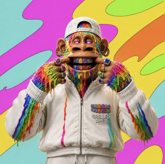 A vibrant Bored Ape-style NFT character with rainbow-splashed fur, colorful grillz, and gold earrings pulls down its mouth to reveal jeweled teeth, wearing a white jacket emblazoned with "GRILLED APES" against a psychedelic, multicolored background—visually embodying the project's lore where every trait and accessory ties back to the island's story.