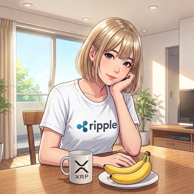 A blonde anime-style girl sits at a sunlit breakfast table wearing a white "ripple" t-shirt, with an "XRP" mug and a plate of bananas in front of her—playfully mirroring the post's mention of dyeing her hair blonde and her enthusiasm for the upcoming Ripple/XRP fight on Monday.